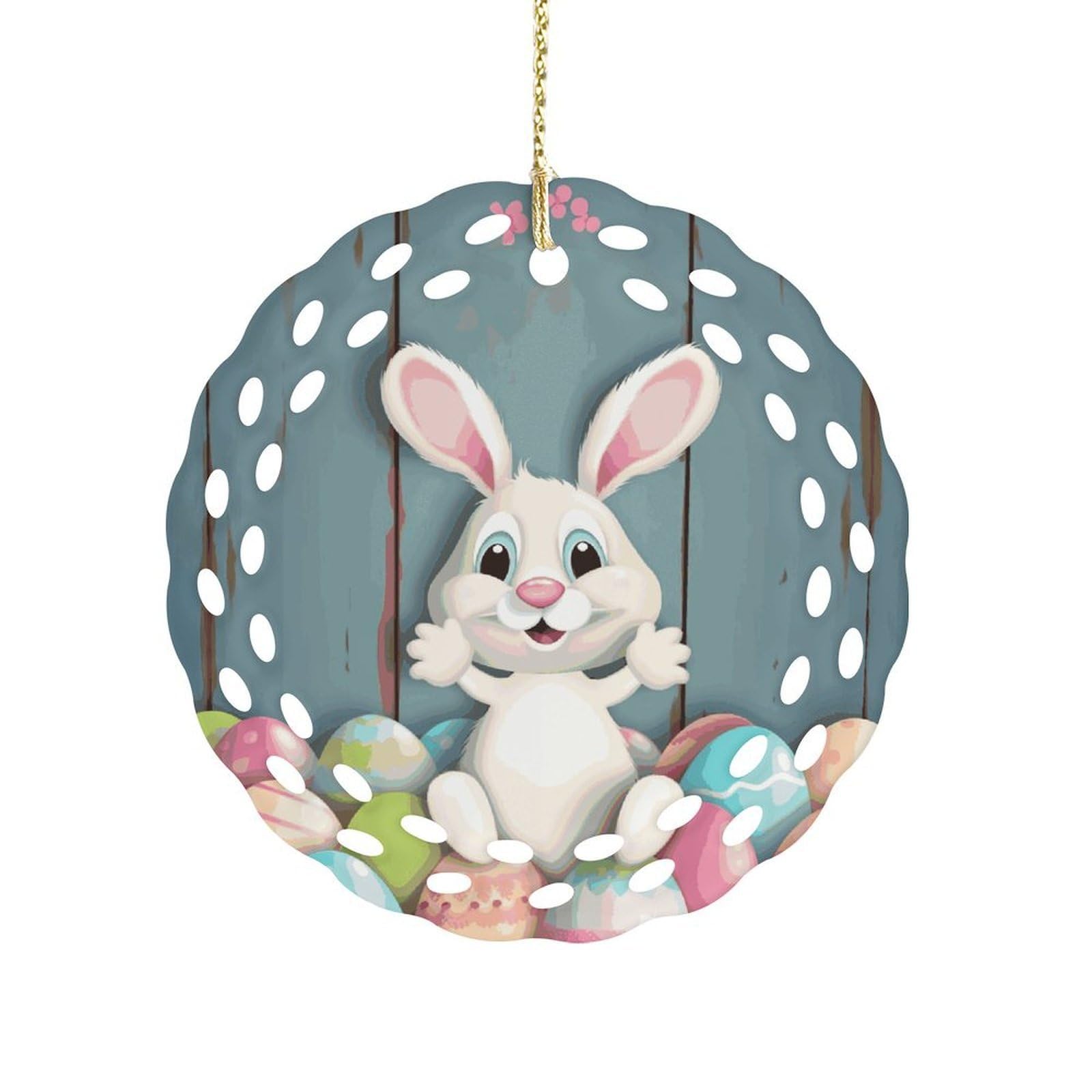 Btcowzrv Style Happy Easter Eggs Bunny Tail Ceramic Ornament,Round Ornaments With Hole Easy To Hang,Hanging Ornament For Wedding Party Home Window Garden Christmas Day Decor