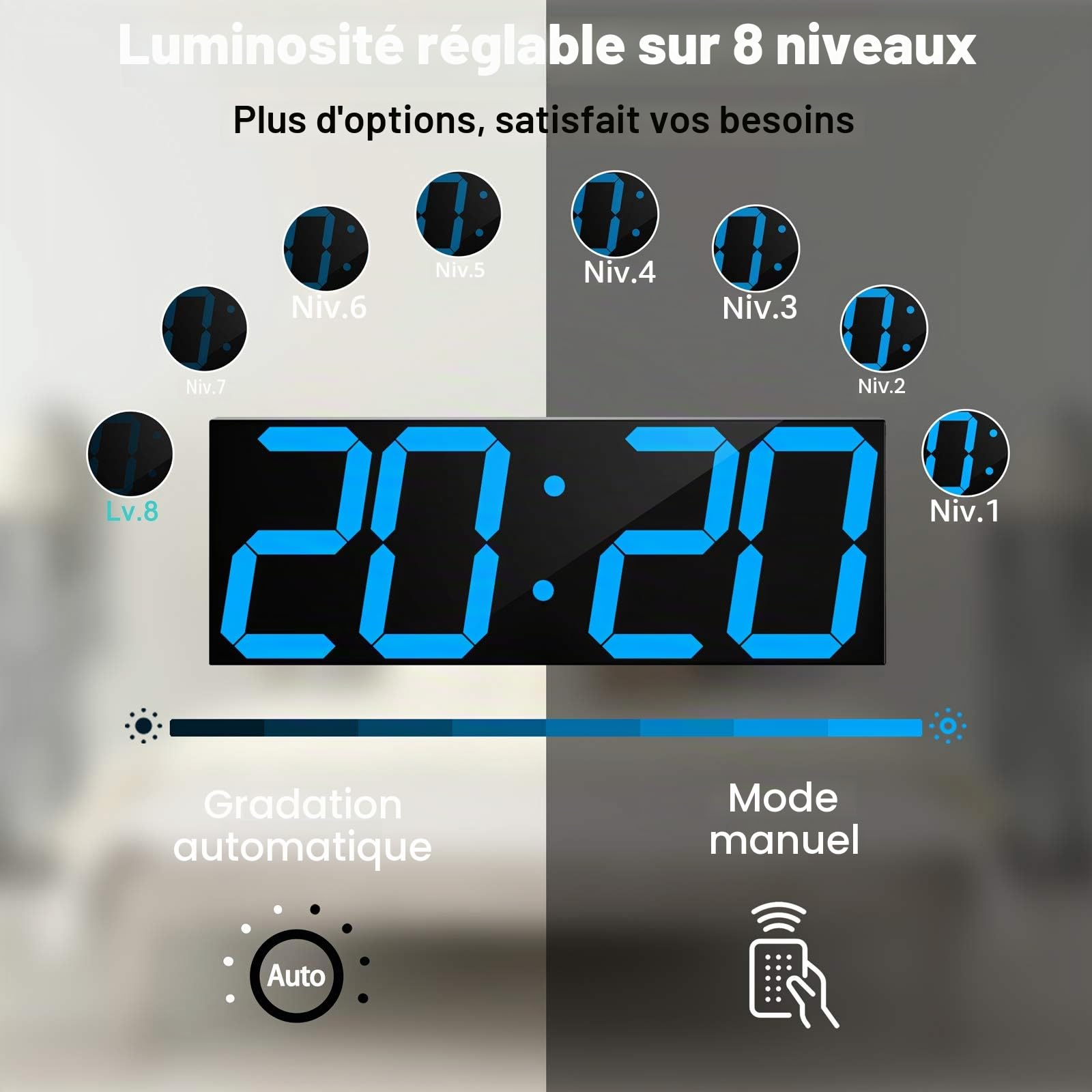 CHKOSDA Horloge murale numérique à LED horloge murale surdimensionnée avec chiffres de 152 cm minuterie à rebours télécommandée variateur d'intensité grand calendrier et thermomètre (bleu glacial)