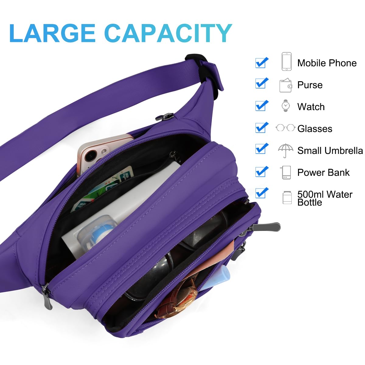 REETEE Waterproof bumbags for Ladies Men Fashion Bum Bag with Adjustable Belt and 5 Zipper Pockets Large Capacity Fanny Pack Waist Bag for Outdoors Sport - Image 3