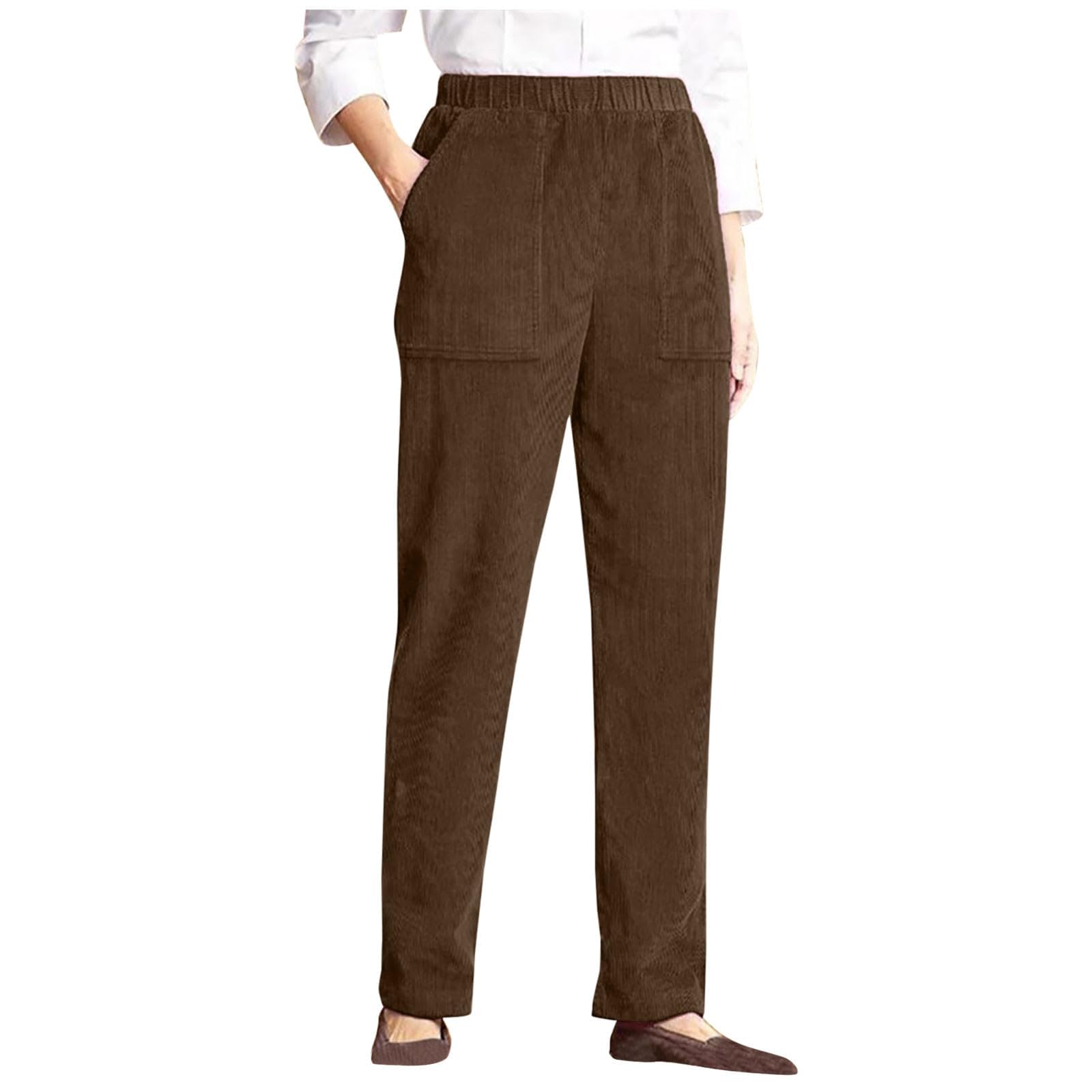 Corduroy Pants for Older Women Elastic High Waisted Pull On Soft Comfortable Loose Fit Slacks with Pockets