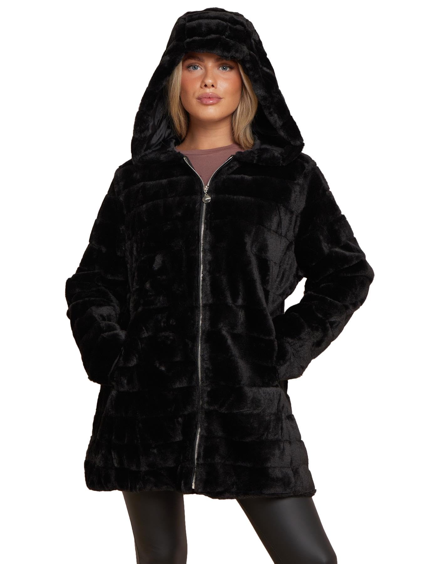 SS7 Womens Faux Fur Coat Black Oversized Hood