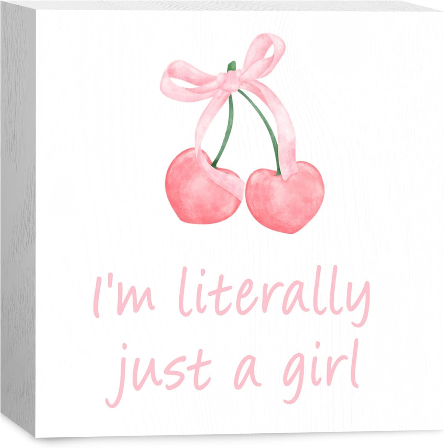 5x5 Inch Pink Coquette Cherry Bow Wooden Box Sign, Pink Cherry Shelf Desk Decor, I‘M Literally Just A Girl Wood Plaque Sign For Girl Room Dorm Desk Decor