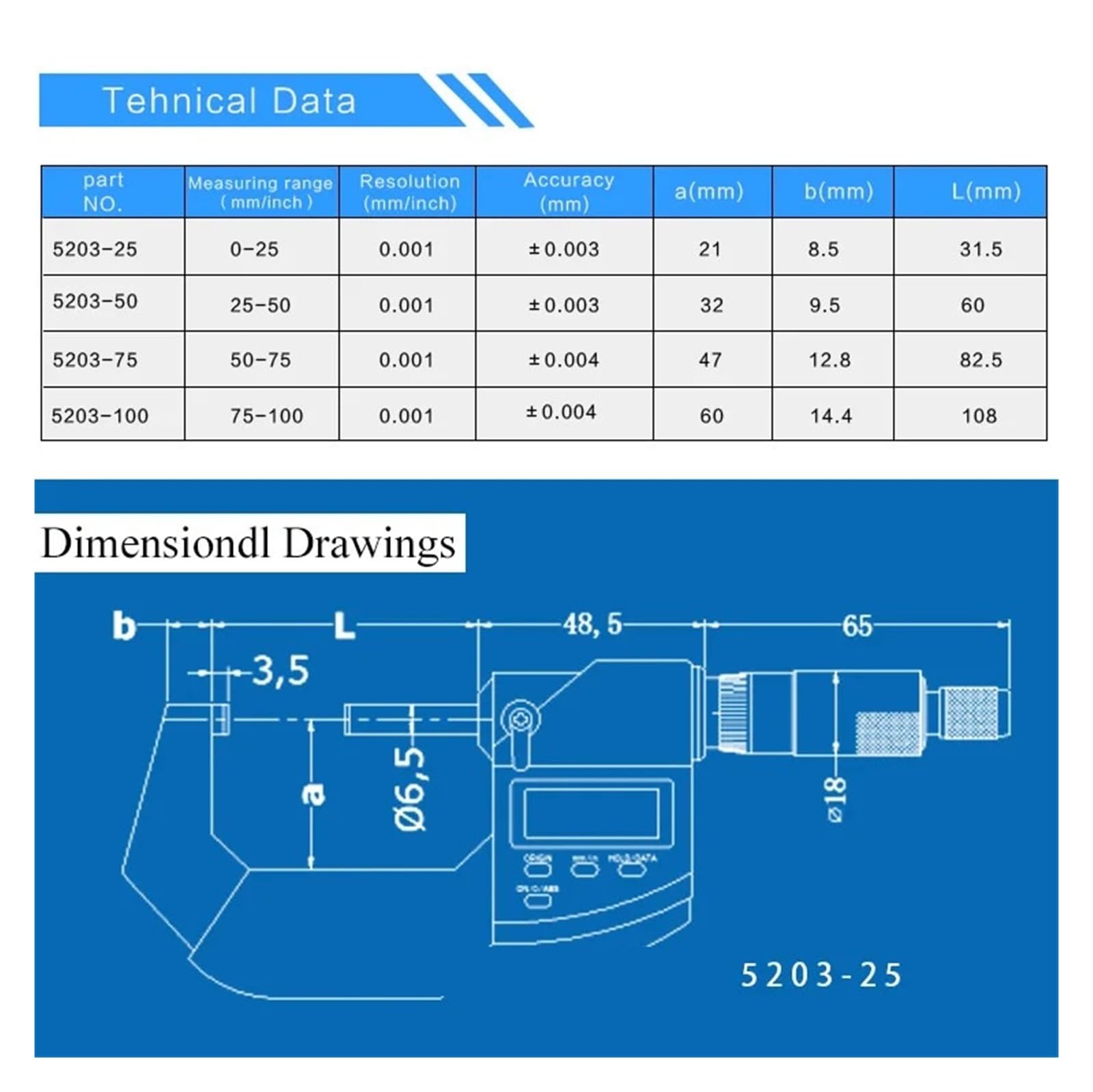 Cyfrowy elektroniczny mikrometr zewnętrzny IP65 0-25/25-50/50-75/75-100 mm Mikrometr 0,001 mm Dokładne odczyty(0-25mm)