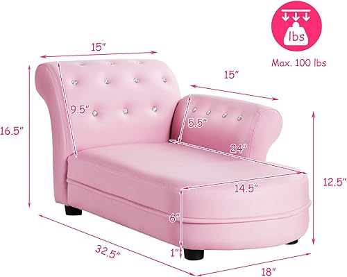 Miniatura 2 de INFANS Sofá para niños, sofá para niños pequeños con cuero de PVC y cristal incrustado, sillón de princesa rosa, tumbona larga tapizada para bebé