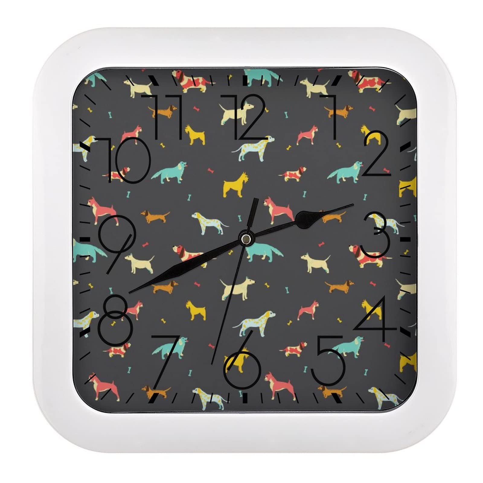Horloge murale carrée chien coloré 26x26cm grands chiffres de salon