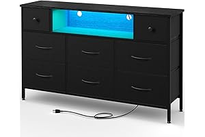 Fixwal Black 55" Bedroom Dresser with Power Outlets and LED Lights