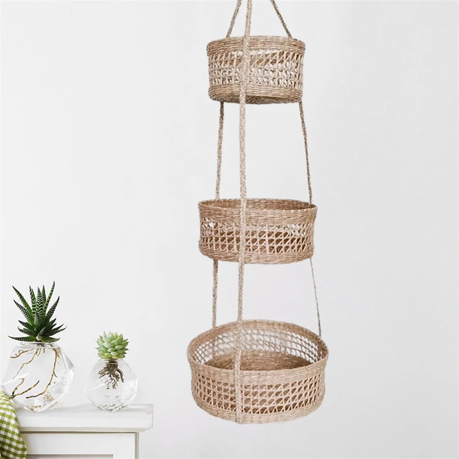 Cestas de frutas Cesta de frutas for colgar en la pared 3 niveles for cocina, mimbre tejido hecho a mano, Ideal for almacenamiento , verduras y plantas