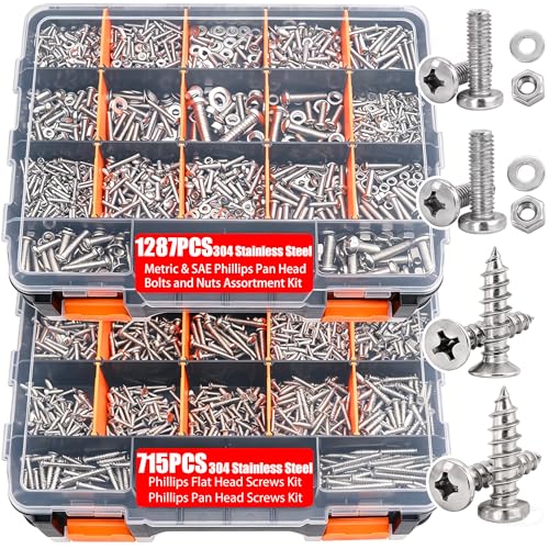 Twidec/2002PCS Stainless Steel Hardware Assortment Kit,Metric & SAE Machine Screw Kit,Nuts And Bolts Assortment,Phillips Pan Head & Flat Head Screws And Washers with Double Sided Organizer Box