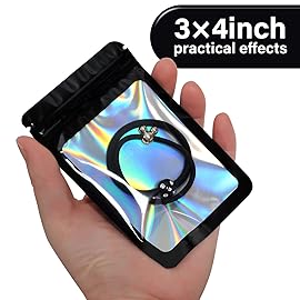 EONJOE 100-pack 34 inch mylar bags with clear window holographic resealable sealable packaging zip bag for small bussiness jewelry candy sample food packing supplies black