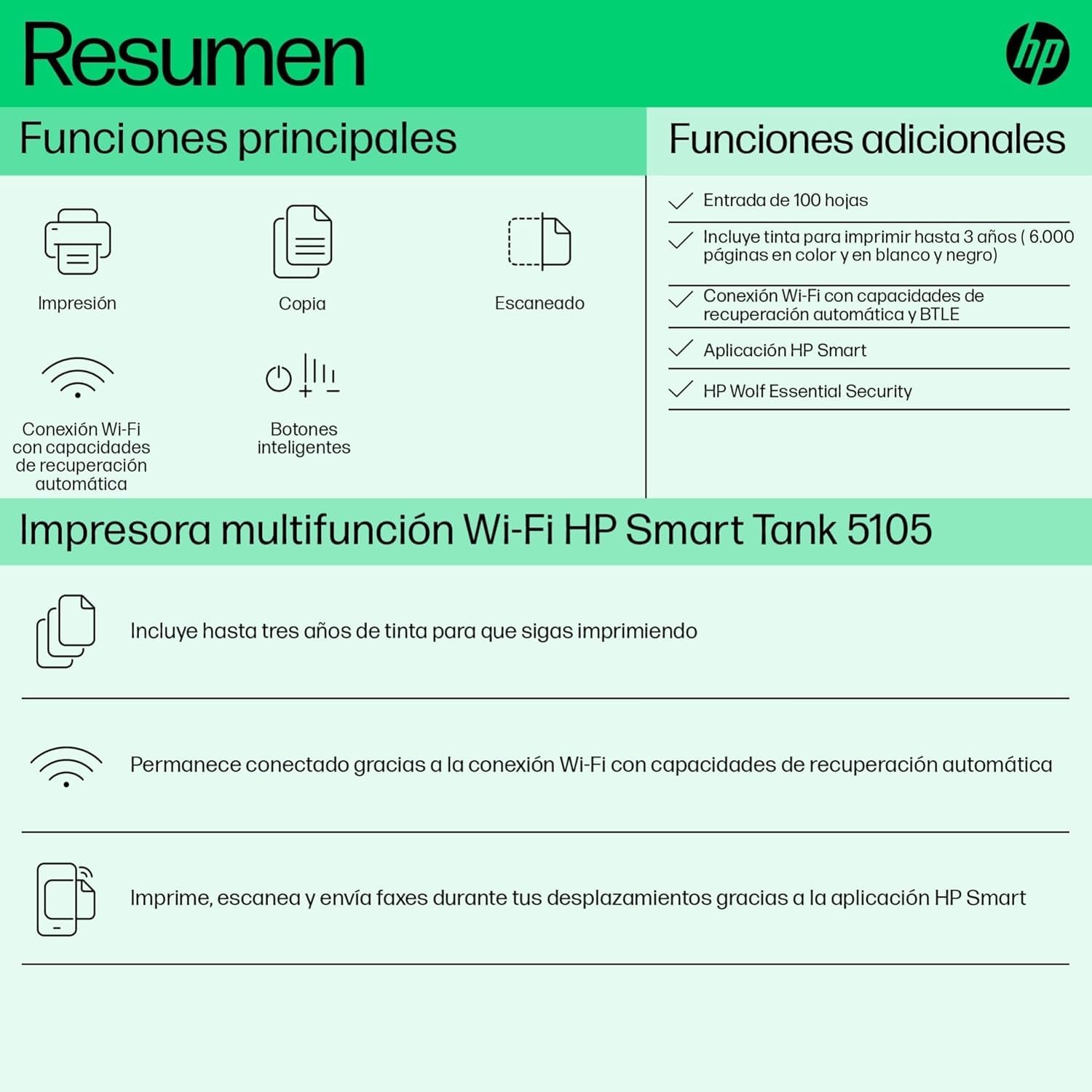 HP Smart Tank 5105 Impresora multifunción 3 en 1 Wi-Fi impresión móvil Tinta incluida gran alcance