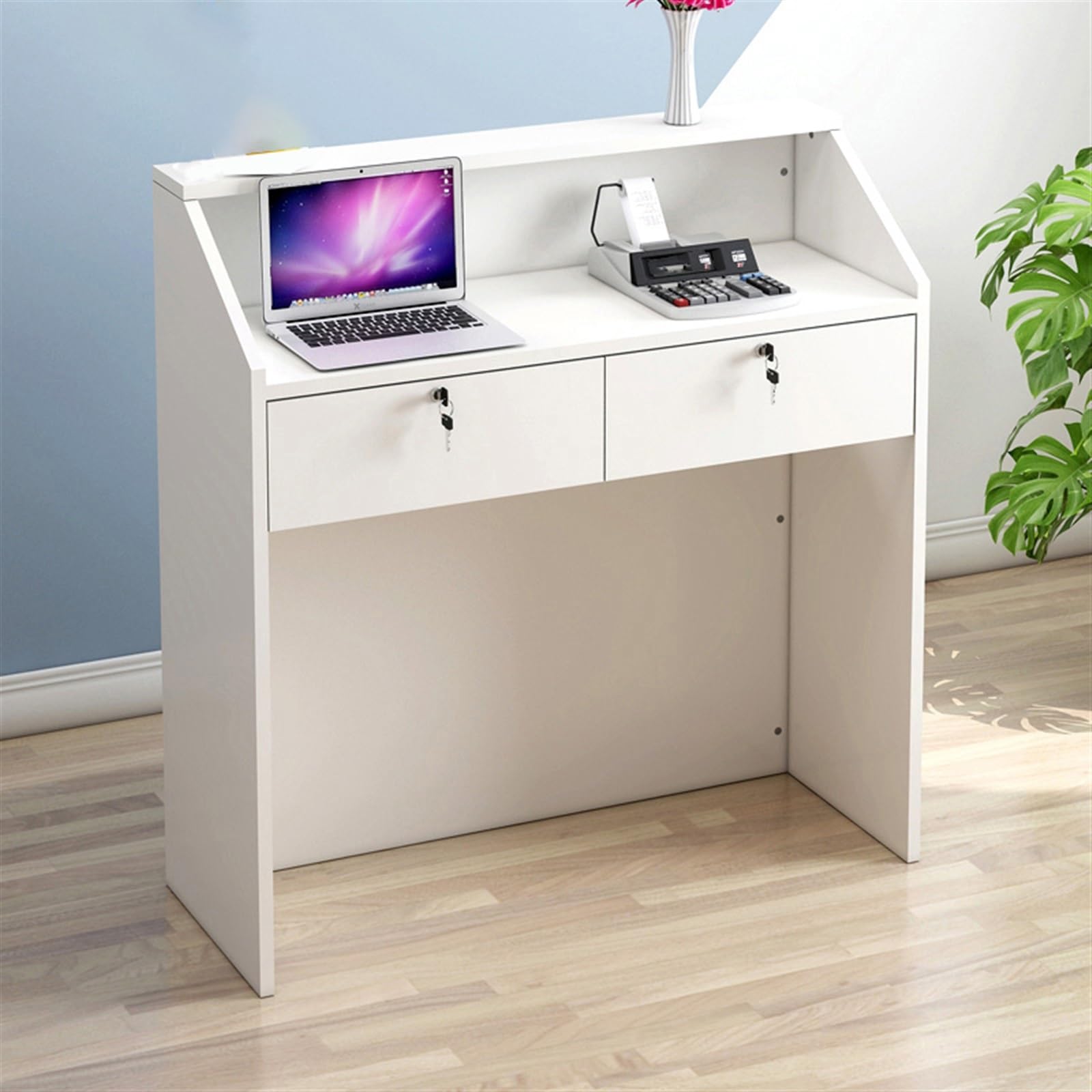 Scrivania da reception bianca con cassetto chiudibile a chiave, semplice bancone per salone, ufficio e atrio, 80 cm, in legno, design moderno per uso professionale