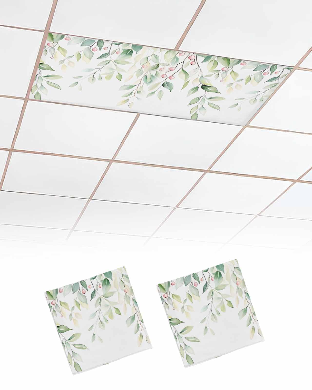 EwdeWwo Spring Summer 2 Pcs Fluorescent Light Covers for Ceiling Lights, Green Eucalyptus Leaves Magnetic Light Filters for Eliminate Harsh Glare Classroom Office Decoration, 4 x 2 Ft
