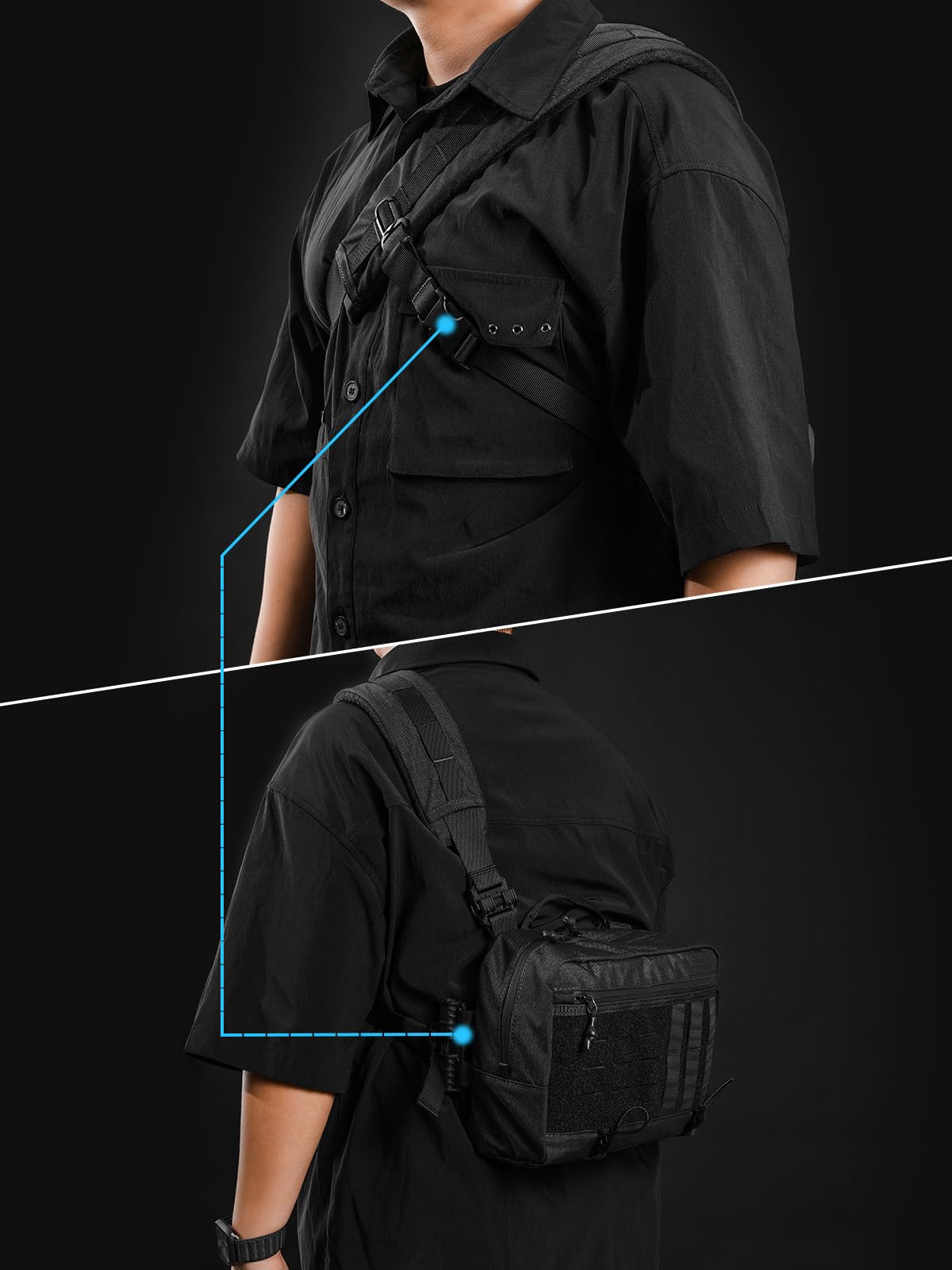 TACTICAL_GEEK Cache L3 Pro EDC Borsa a tracolla, tasca sul petto con tracolla regolabile, borsa a tracolla per uso quotidiano per attività all'aperto e viaggi, grande capacità, organizer per