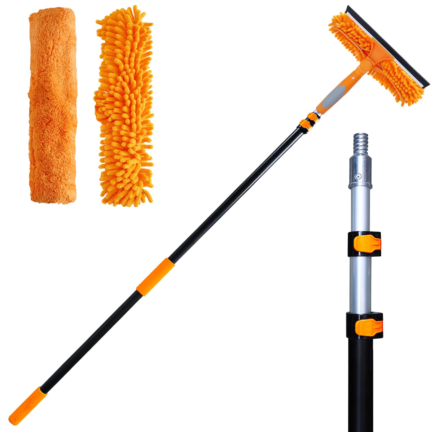 Limpiacristales 2 en 1 de 20 pies con poste de extensión, herramienta de limpieza de ventanas con poste telescópico de 3 etapas, kit profesional de limpieza de ventanas con cabezal giratorio, 2 paños