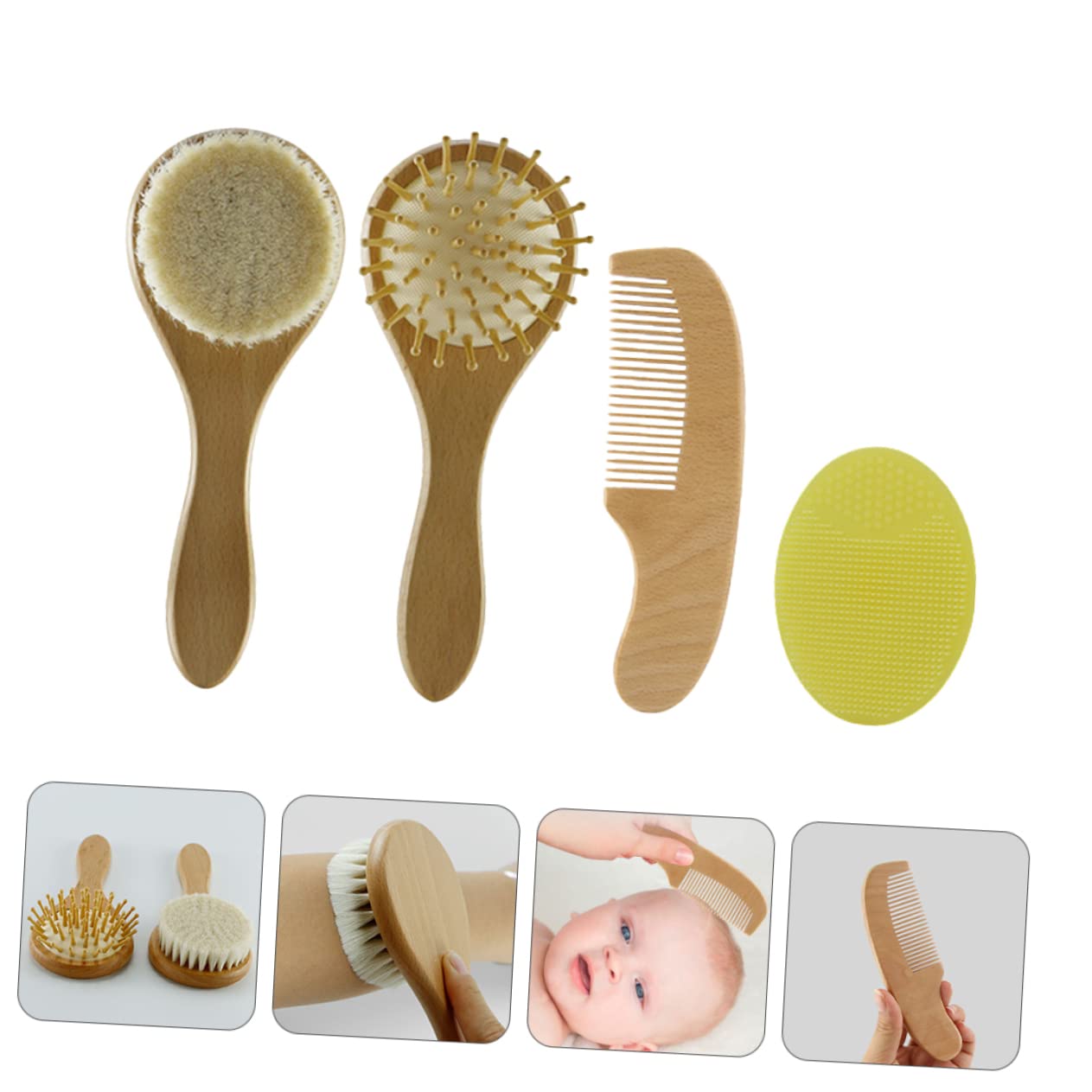LIFKOME 1Set Wool Brush and Comb for Bathing Natural Handle Gentle Scalp Care Promotes for Newborn Shower and Hair Care