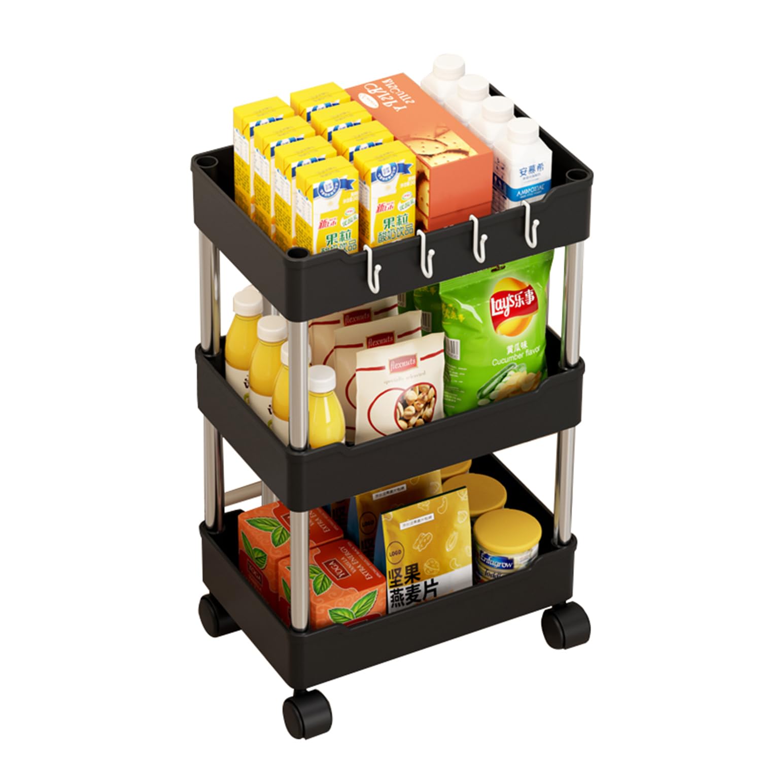 Multipurpose Rolling Trolley, Removable Storage Organizer Rack Shelf With Wheels for Bathroom Bedroom Kitchen Laundry Fruit Vegetable Snack Sundries Cosmetics Toiletries (Black 3 Tiers,Normal)