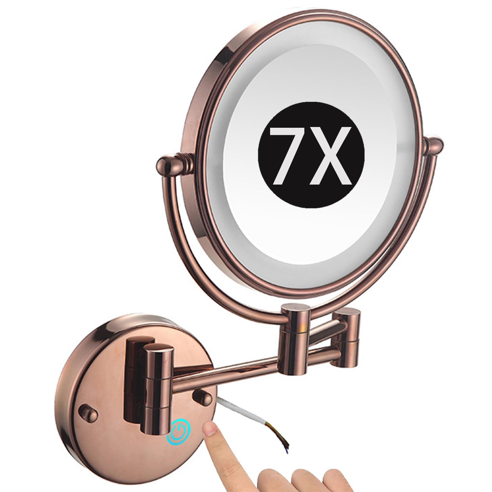 SXFSDOU 8" Wall Mounted Lighted Makeup Mirror, Hardwired Dimmable Double Sided Magnifying Extendable LED Bathroom Vanity Mirror with Lights,Rose gold,7X