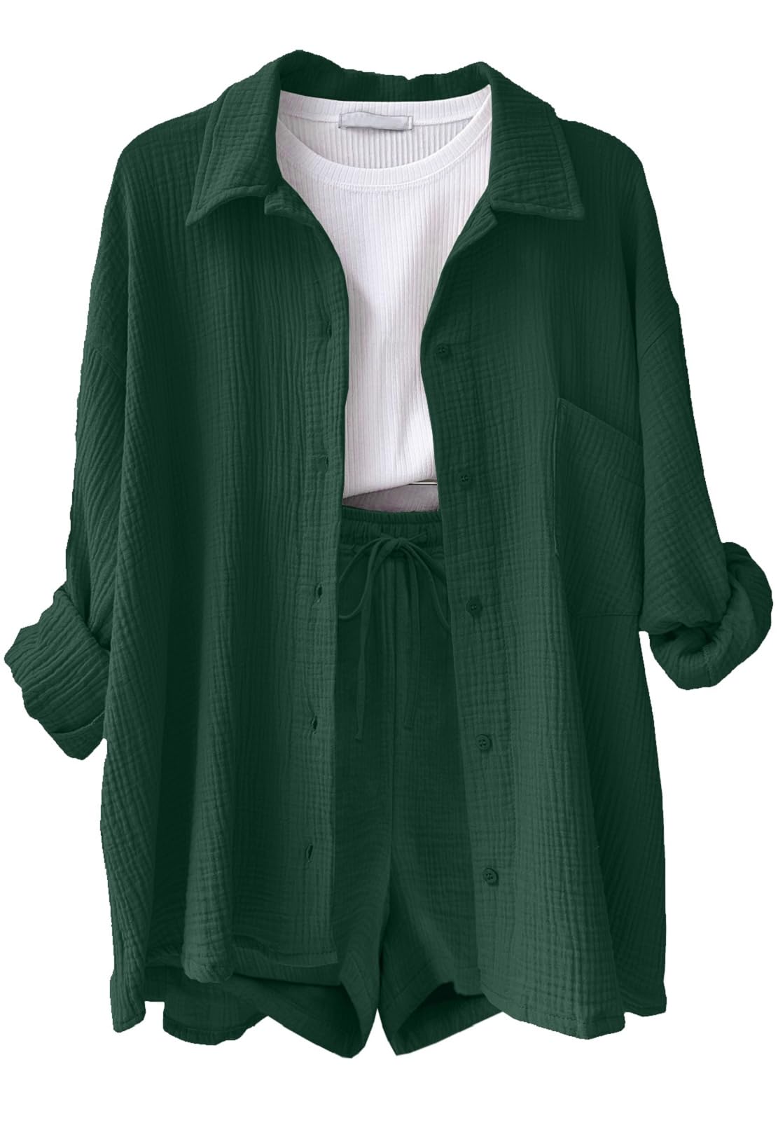 CheChury Conjunto Verano Mujer Conjunto de 2 Piezas Algodón Lino Chándal de 2 Piezas Verano Mujer Casual Camisa Manga Larga y Pantalón Corto con Bolsillo Cómodo Moda Color Sólido para Vacaciones Playa — view 13
