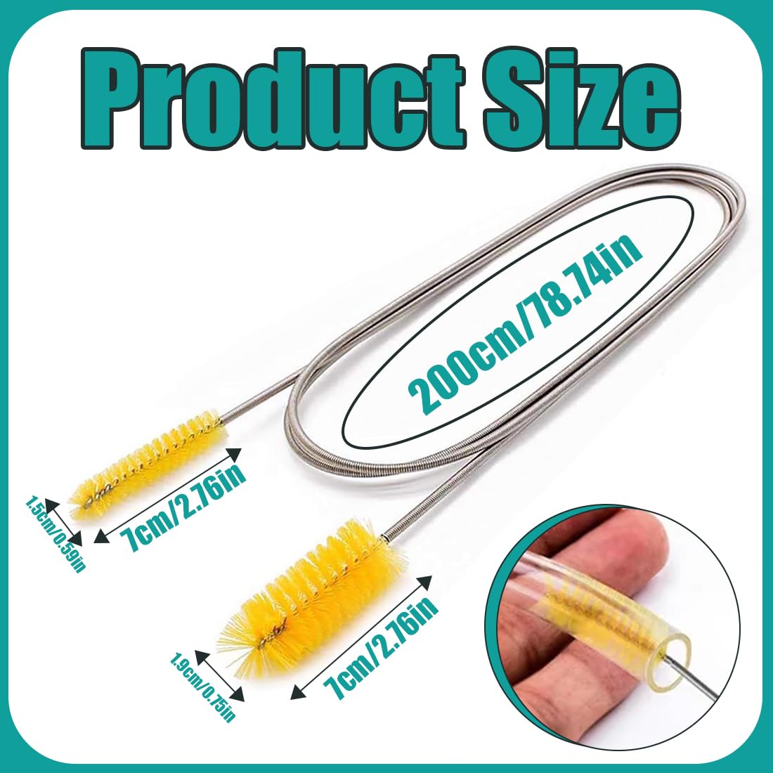 Tube Brushes, Spazzola flessibile per la pulizia degli scarichi da 200 cm, design a doppia testa, strumento sottile per la pulizia dei fori di scarico, adatto per cucine e bagni (giallo)