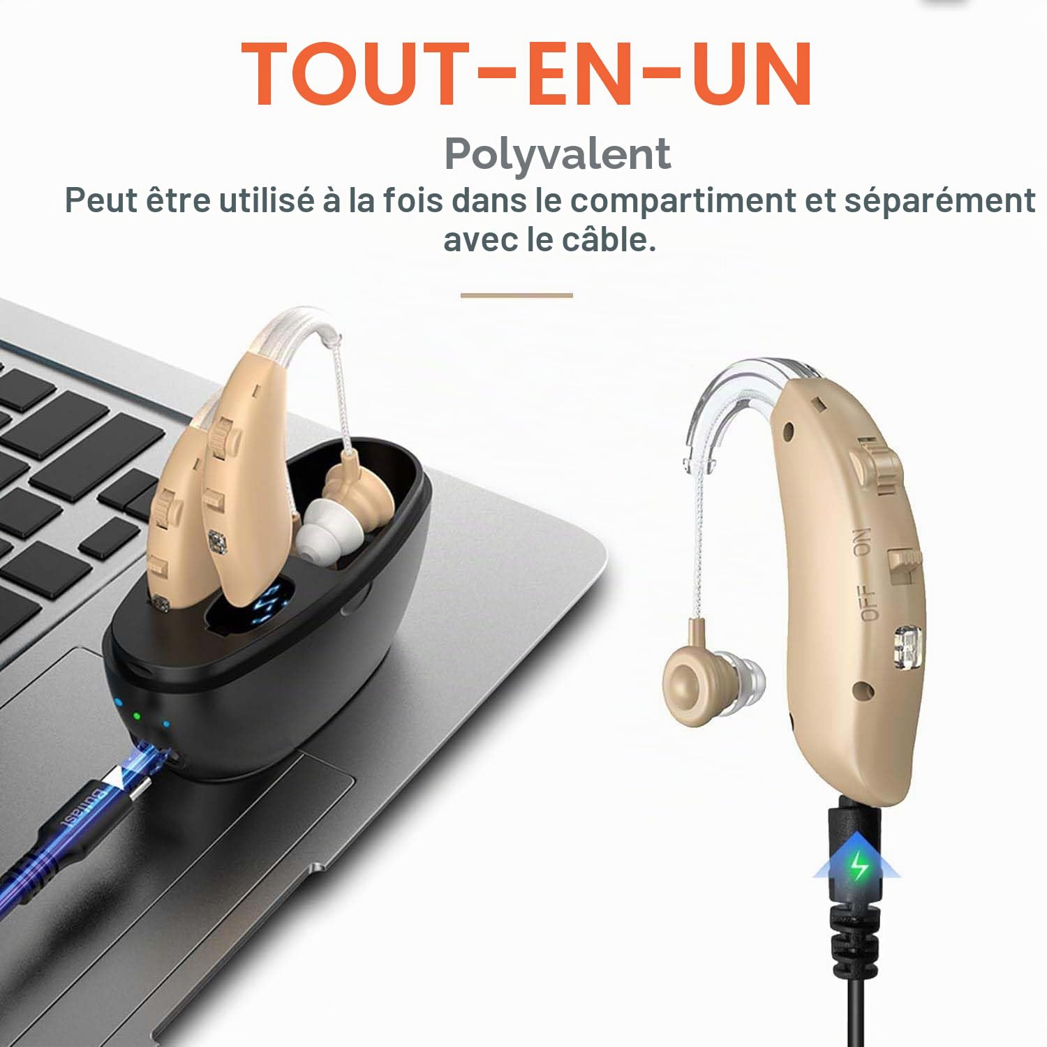 Bouchon d'oreille pour seniors - Bouchon d'oreille numérique BTE avec suppression intelligente du bruit, quatre modes, paire PSAP derrière l'oreille avec contrôle du volume et étui de charge, beige