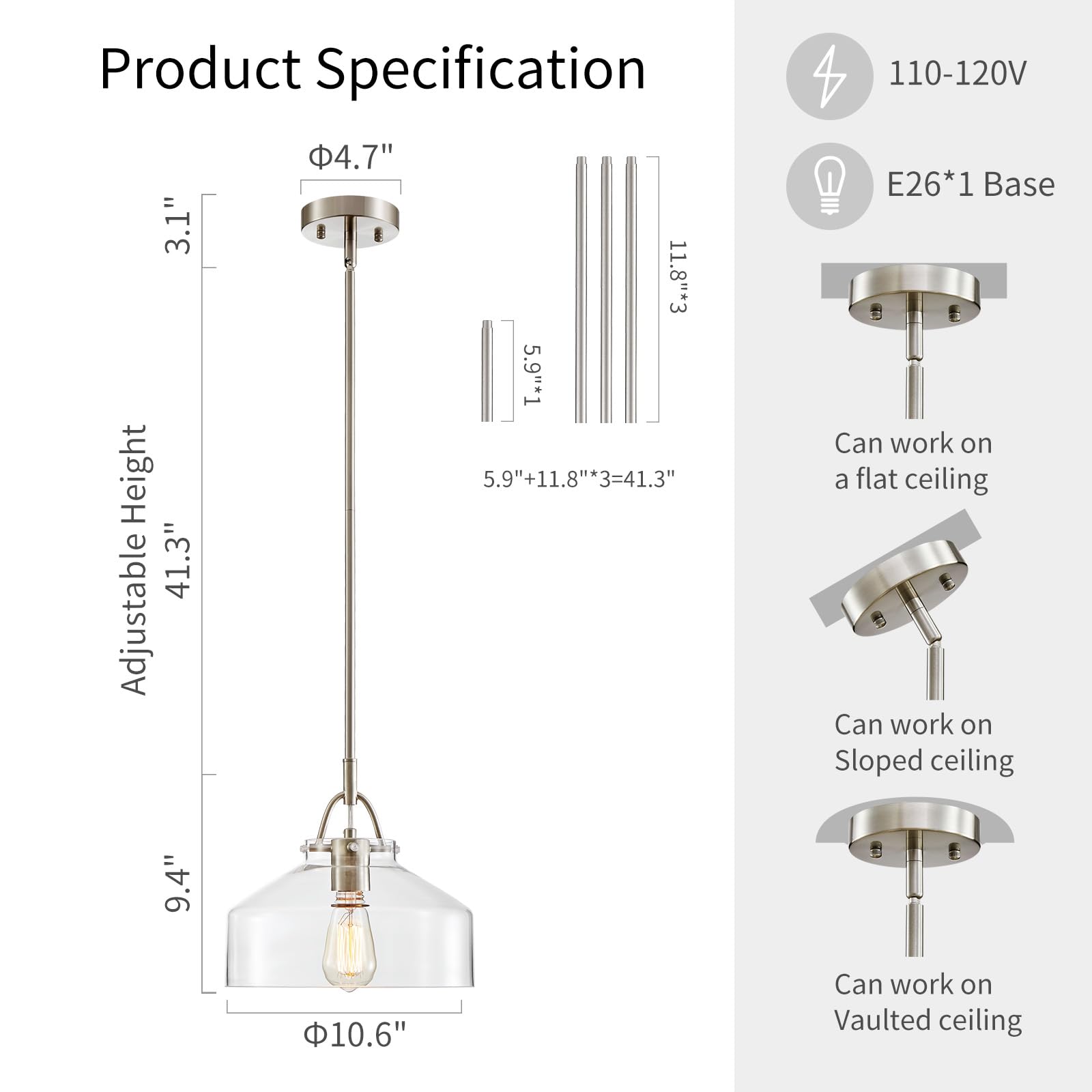 WUZUPS Chandelier Rustic Farmhouse Industrial Round Ceiling Pendant LED Light Fixture with Clear Glass Shades for Dining Room Kitchen Island Foyer Entryway, H 9.4" x W 10.6", E26 Base, Brushed Nickel