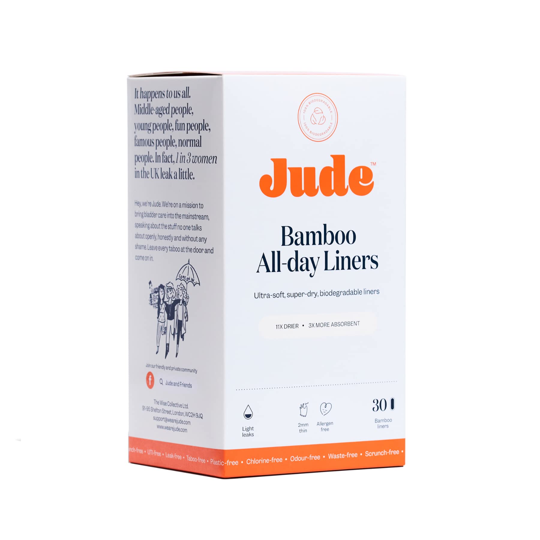 Jude All Day Bamboo Liners - for Light Leaks & Peace of Mind - Ultra Dry, Super Soft & Odour Free (Single - 30 Liners)