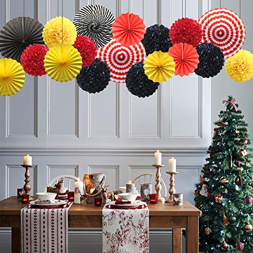 Image of Red Yellow Black Hanging Paper Party Decorations, Round Paper Fans Pom Poms Flowers Set for Mickey Mouse Theme Firetruck Birthday Wedding Graduation Baby Shower