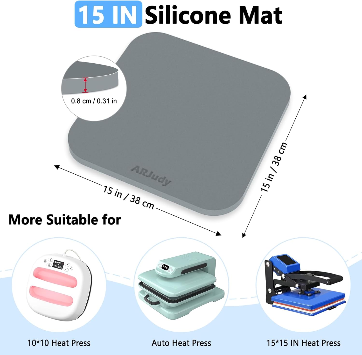 Heat Press Mat Silicone 15""x15"", Silicone Pad Heat Resistant Mat 500°C/937°F, Washable Ironing Mat 0.31"" Thick, Double Sided & No Smell Heat Mat for Heat Press Sublimation Ink Vinyl Transfer, Grey
