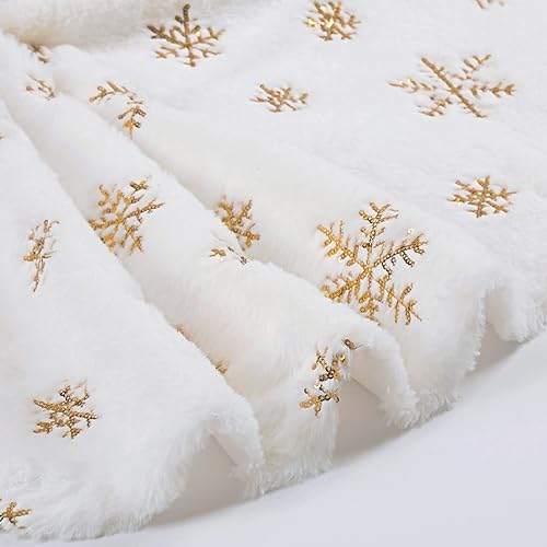 Miniatura 59 de Falda de árbol de Navidad de 36 pulgadas, faldas blancas de piel sintética con copos de nieve de lentejuelas doradas, falda de árbol de felpa suave