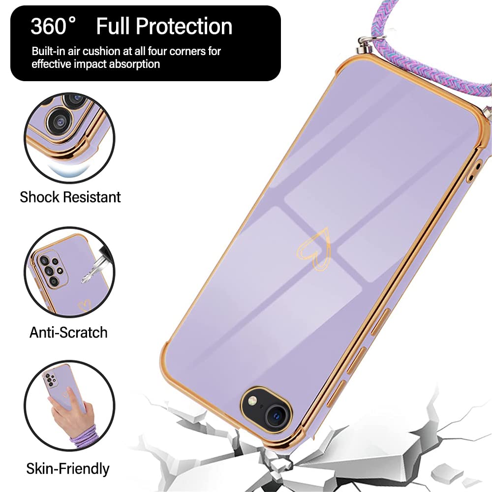 Coque E-Lush Pour IPhone 16E/SE 2025 – Or Rose, Motif Cœur, Silicone, Avec Cordon Réglable