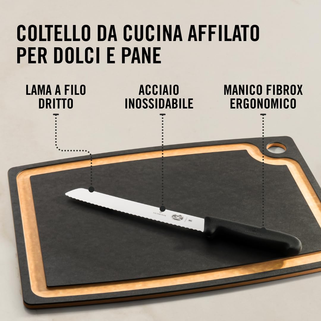 Victorinox Fibrox, Coltello da Pane con Filo Ondulato, Coltello affilato per Dolci e Pane, 21 cm, Lama Lunga, Acciaio Inossidabile, Nero