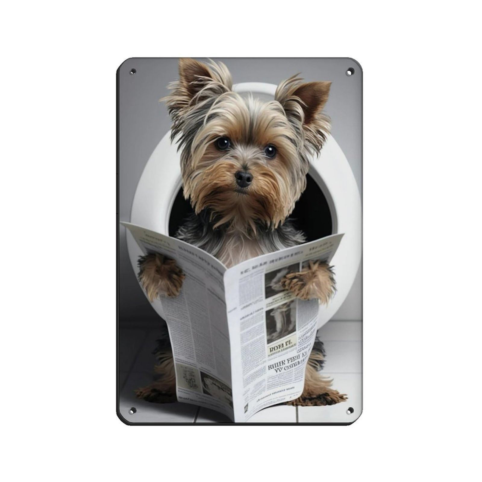 Yorkshire Terrier Sitting on The Toilet Reading A Newspaper Tin Sign Vintage Metal Pub Club Cafe Bar Home Wall Art Decoration Poster Retro 8x12inch(20x30cm)