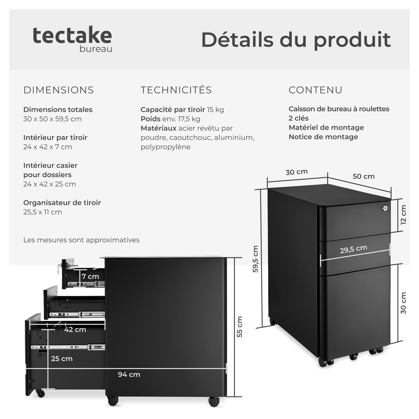 tectake® Caisson Bureau Meuble de Rangement Armoire de Bureau métallique Industriel 30x50x59,5 cm Verrouillable Meuble tiroir Rangement Bureau avec 3 Tiroirs pour Rangement Papier administratif