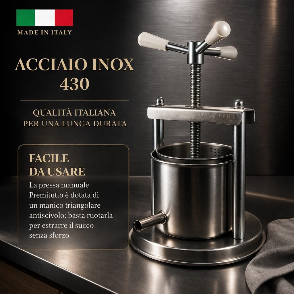 Torchio Manuale Acciaio inox 430 Made in italy Pressa Manuale Torchietto Premitutto Spremitutto Spremiagrumi Manuale Adatto per Melanzane Uva Frutta Verdura (Grande)