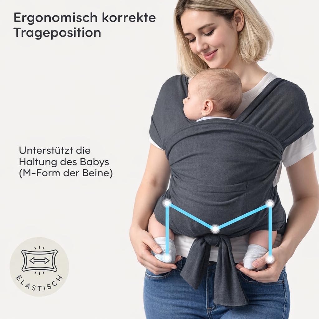 Tragetuch Baby Neugeborene Mit Schnalle Dunkelgrau - Freihändig Bis 15 Kg, T-Shirt Design Einfach Anzuziehen