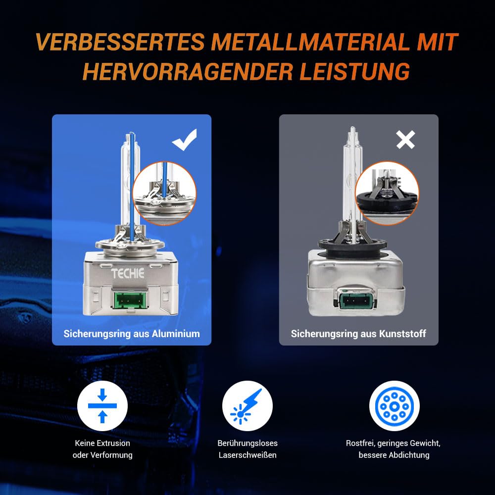 Techie D3S Xenon Brenner 8000k, 12V 35W Xenon Auto Scheinwerferlampe, Kaltblau Aluminium Fahrzeugscheinwerferbirne, HID Entladungs Lampe Ersatz Kit– 2 Stück (D3S-8000K)