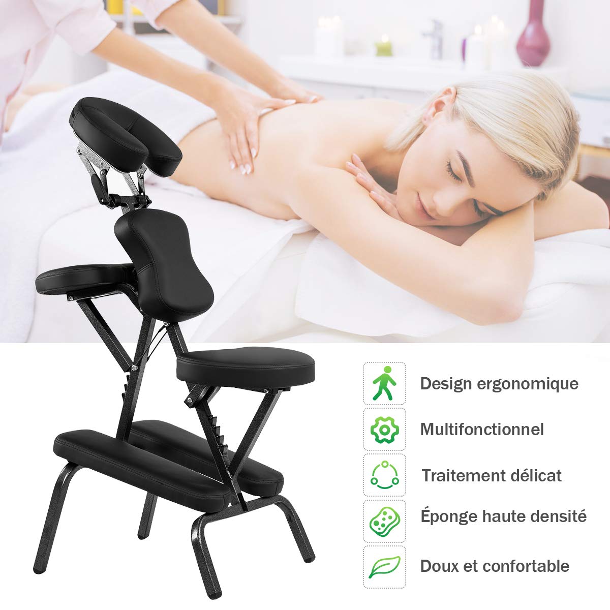 COSTWAY Chaise de Massage Professionnel Portable Solide et Légère Chaise de Spa Pliable Ergonomique,Idéal pour Tatouage,Hauteur Réglable 110-120 CM avec Sac de Transport (Noir)