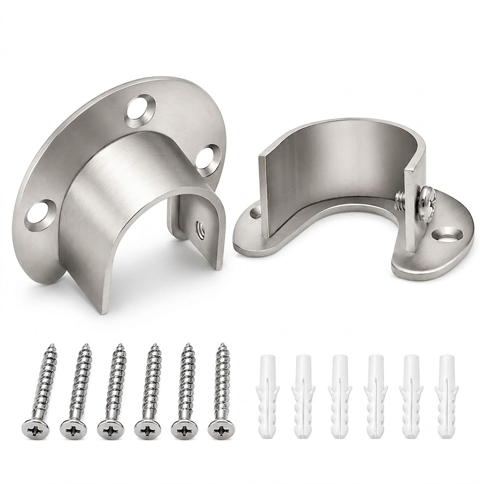 FortWeal Closet Rod Brackets, 25mm 2 Pack Silver Stainless Steel Heavy Duty Wall Mount U Shaped Open Type Flange Socket Support with Screws for Shower Curtain Rod Kitchen Bathroom Balcony Wardrobe