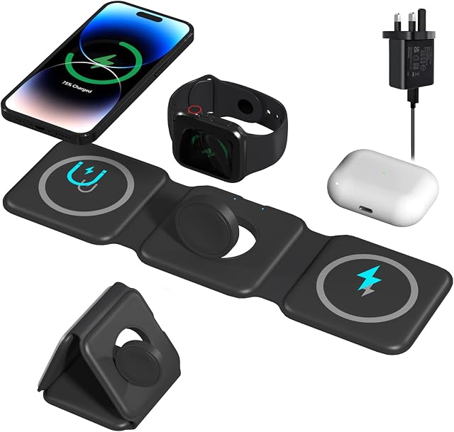 3 in 1 Wireless Charging Station for Apple, YORABO Magnetic Wireless Charger Pad for iPhone 14/13/12 and iWatch Series 8-2, Travel Folding Charging Dock for Airpods Pro/3/2 (Certified Adapter Include)