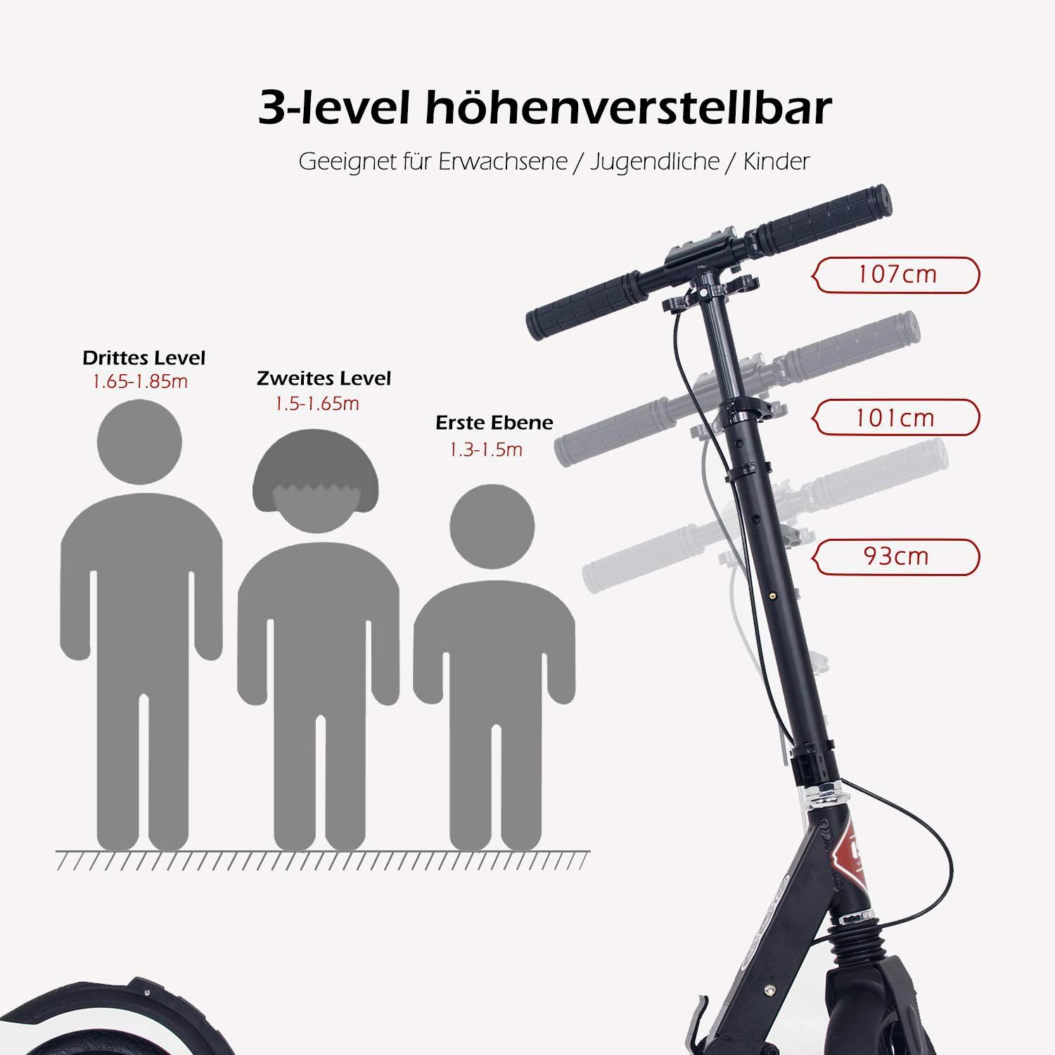 ISE Roller 200mm Big Wheel Scooter mit Doppelbremse & Federung - Klappbarer Cityroller für Erwachsene & Kinder Höhenverstellbarer Tretroller bis 100kg, inkl. Tragegurt & Handbremse