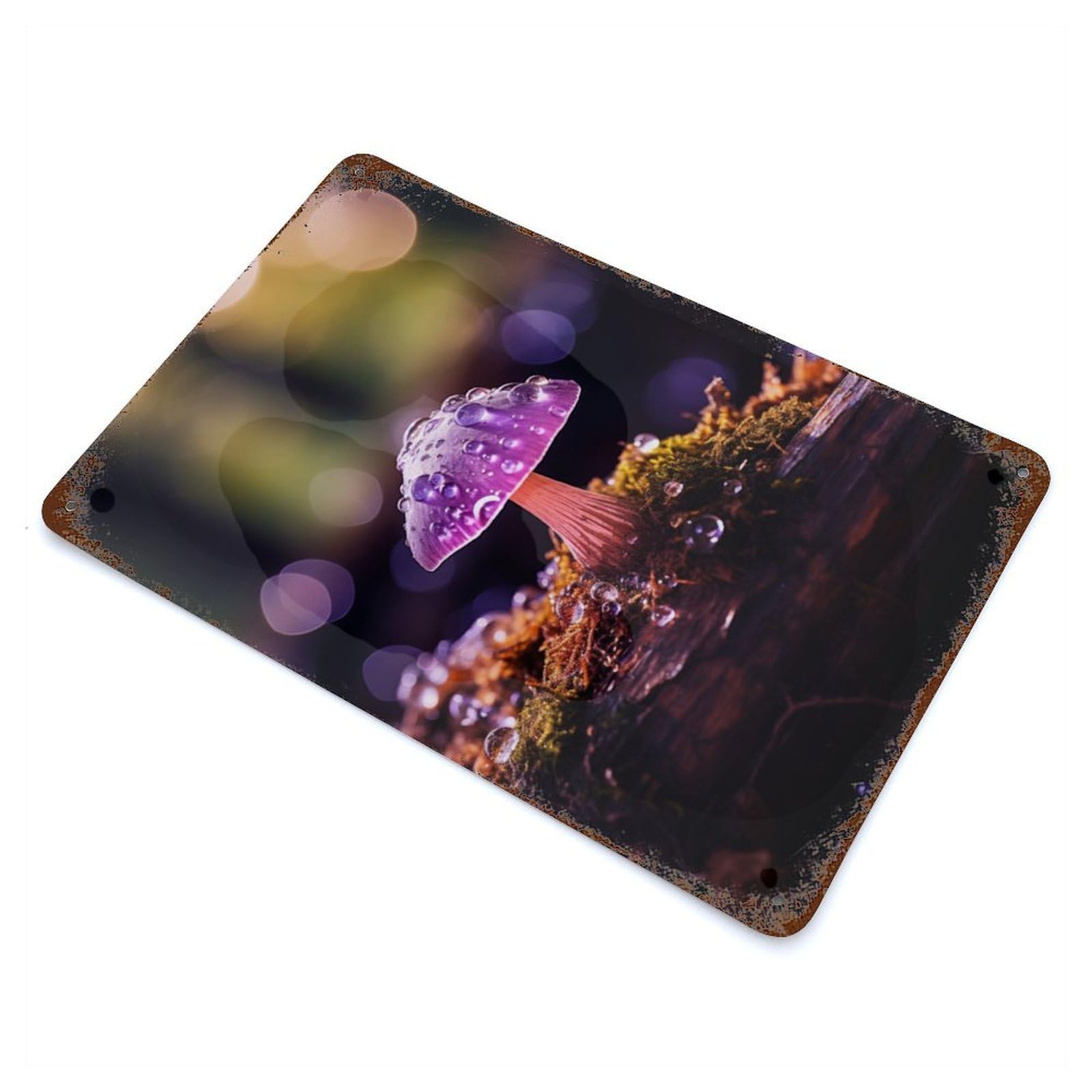 Purple Mushroom with Dew Drops Rust Effect Tin Sign 11.8"x7.9", Novelty Wall Decor for Garage, Pub Or Kitchen