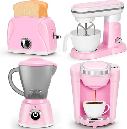 Pink Play - Juego de electrodomésticos de cocina con cafetera, mezclador, tostadora, licuadora, juego de cocina para niños, accesorios de cocina con