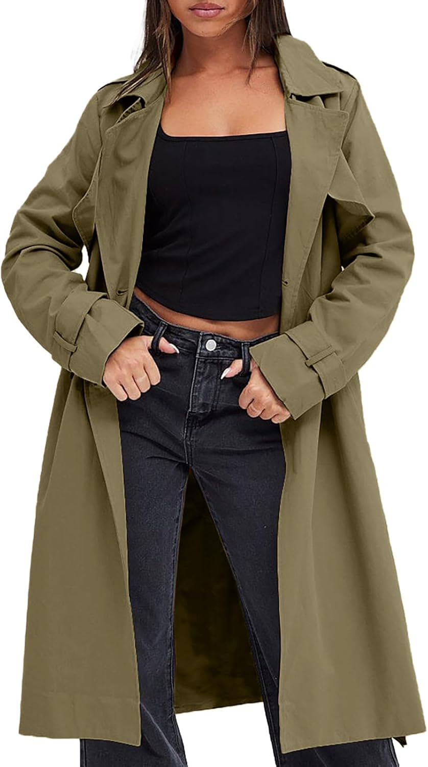 Fisoew Women's Double Breasted Trench Coats Causal Windproof Long Lapel Pocketed Overcoat with Belt