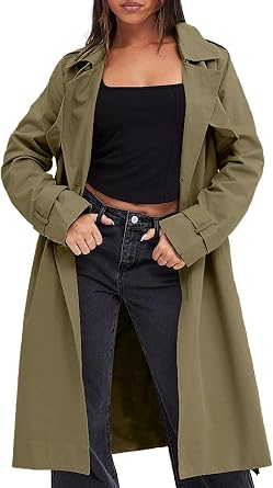 Fisoew Womens Double Breasted Trench Coats Long Lapel Overcoat With Belt