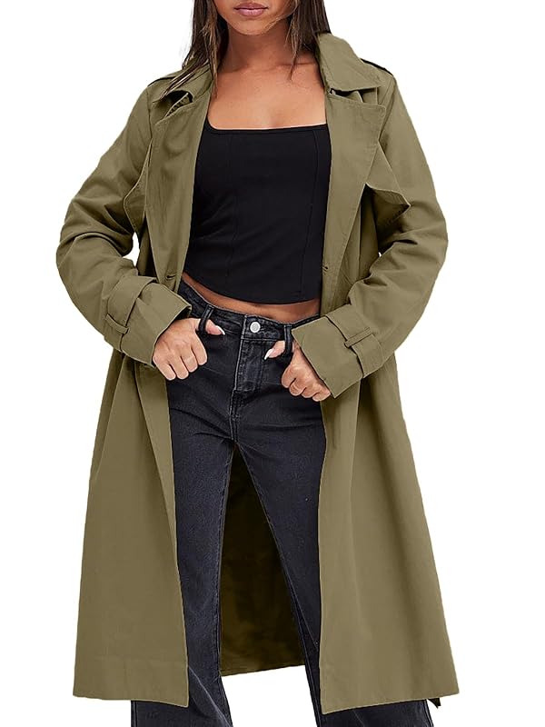 Fisoew Women's Double Breasted Trench Coats Causal Windproof Long Lapel Pocketed Overcoat with Belt by Fisoew - Used condition - US$30.50