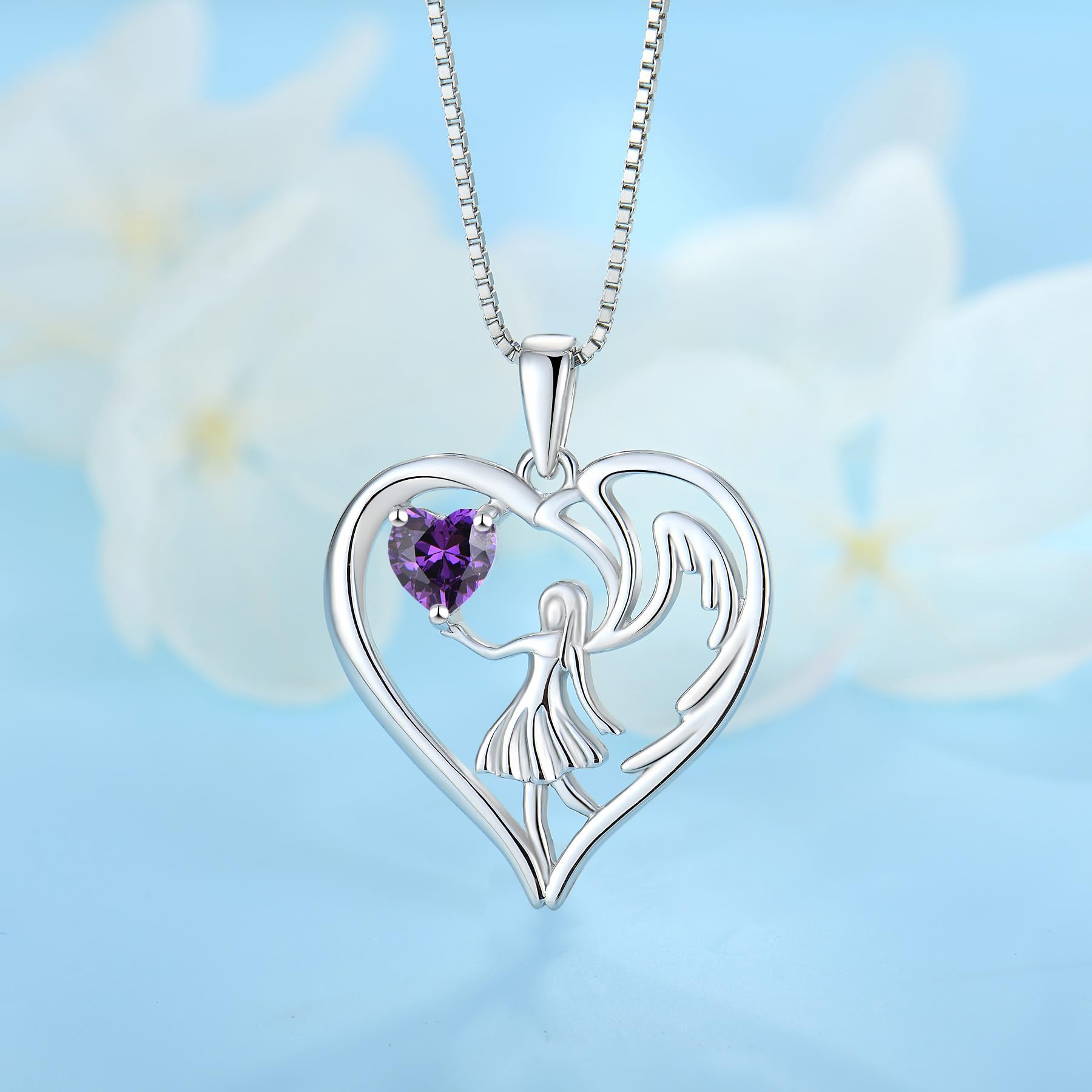 FJ Herz Schutzengel Kette Damen 925 Sterling Silber Engelsflügel Anhänger Halskette mit Geburtsstein Zirkonia Schmuck Geschenke für Frauen Mädchen