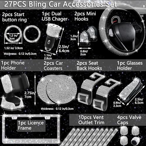 Image of NBTEPEM 27 PCs Bling Car Accessories Set for Women, Steering Wheel Covers Universal Fit 15 Inch, Bling License Plate Frame, Bling Phone Holder, Bling Car Coasters (Silver Diamond)