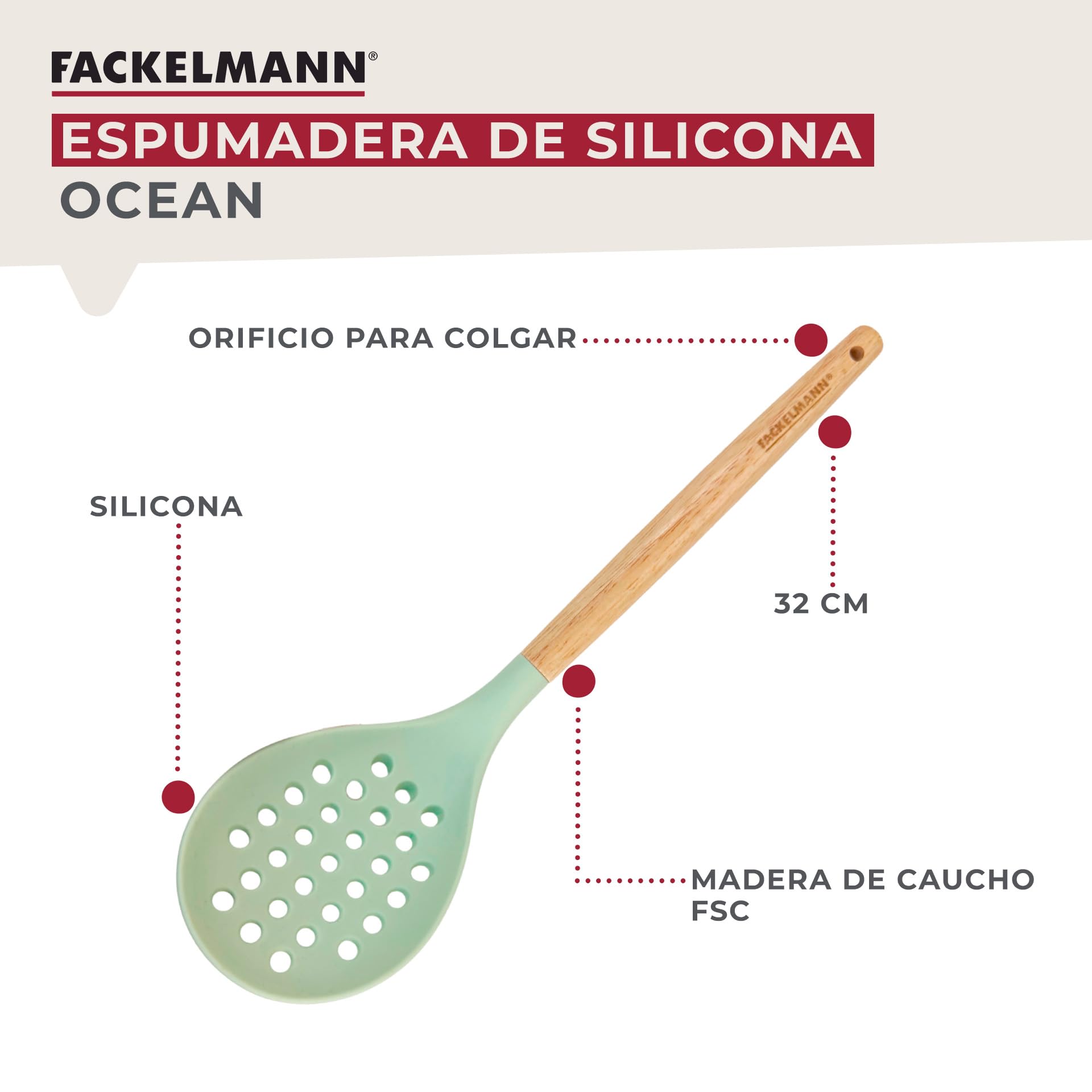 Fackelmann Ocean Espumadera de Silicona, Núcleo Rígido de Acero, Mango de Madera Antideslizante y Ergonómico, Apta para Freír y Espumar, Apta para Lavavajillas, 32x8 cm, Verde Agua, 1 ud.