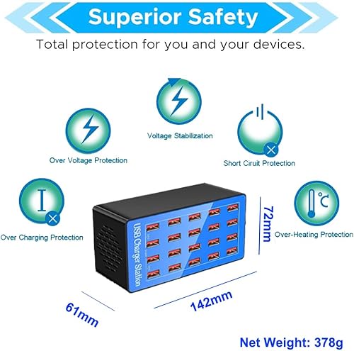 Miniatura 3 de MaxLax Estación de carga USB, estación de carga multiUSB de 20 puertos de 100 W20 A para teléfonos inteligentes, tabletas y otros dispositivos