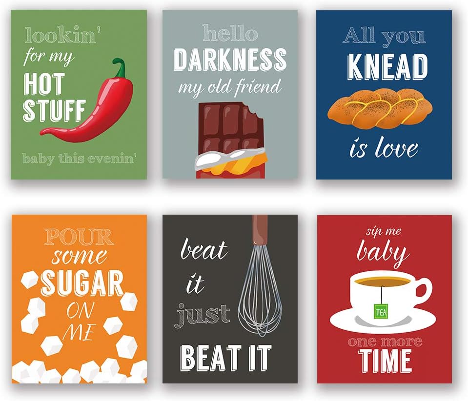 6 Set- Colorful Funny Kitchen Quote Art Print, Dessert Vegetables Tea with Motivational Saying Canvas Wall Art Printing For Kitchen Cofee Shop Decoration (Unframed,8"X10")